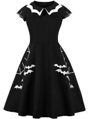 Women's Black Bat Spider Web Embroidery Vintage Dress | Halloween Theme Party